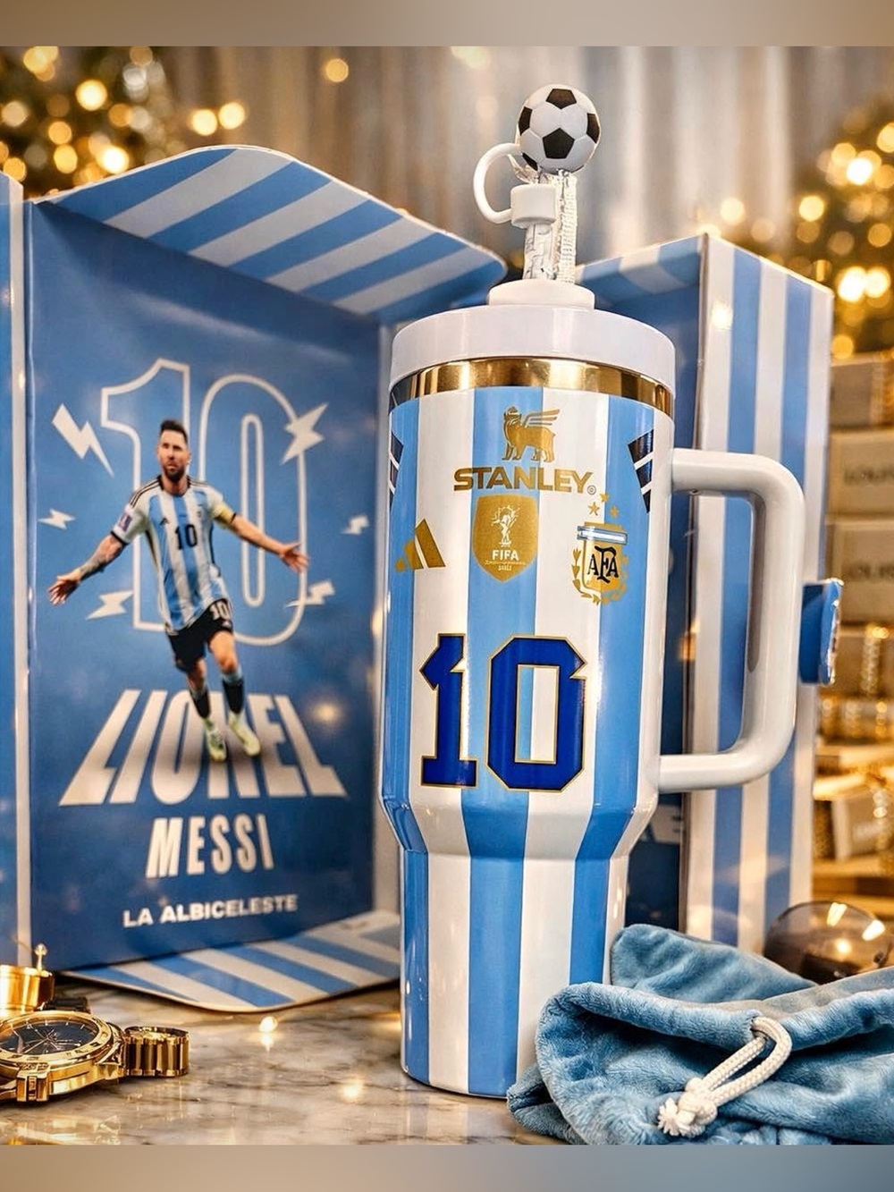 Stanley White & Blue Messi Quencher H2.0 Tumbler with Soccer Charm